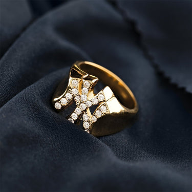 14K Solid Yellow Gold Diamond Pinky NY Yankee Ring 0.60 Ctw